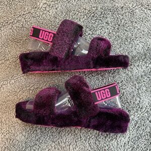 NWOT! UGG Women’s fluff yeah valentine slides, black purple and pink, size 9